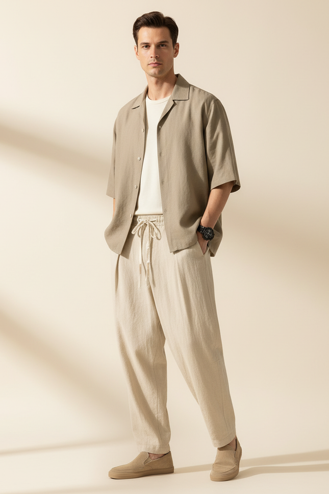 Pantalon Baggy Lin Beige Ample Cordon Décontracté Homme
