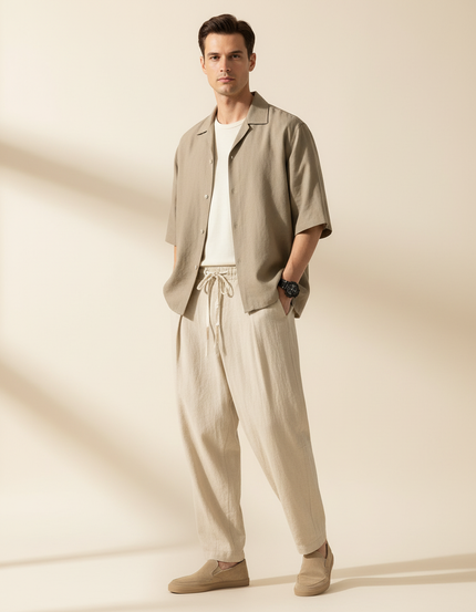 Pantalon Baggy Lin Beige Ample Cordon Décontracté Homme