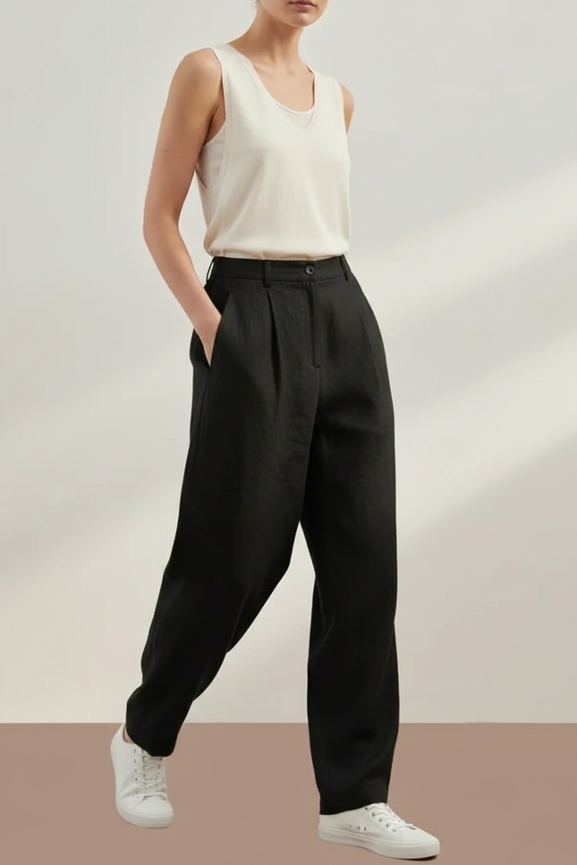 Pantalon Baggy Noir Lin Plissé Décontracté Ample Femme