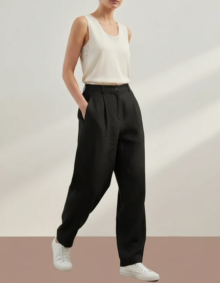 Pantalon Baggy Noir Lin Plissé Décontracté Ample Femme