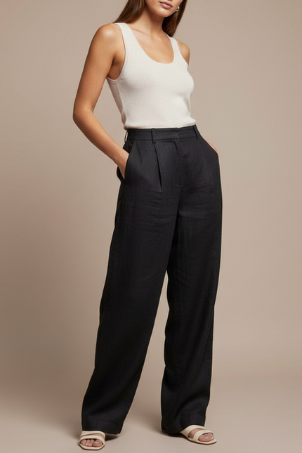 Pantalon Baggy Noir Lin Plissé Droit Fluide Femme