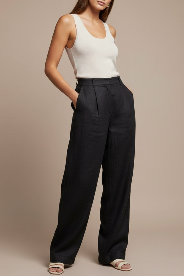 Pantalon Baggy Noir Lin Plissé Droit Fluide Femme