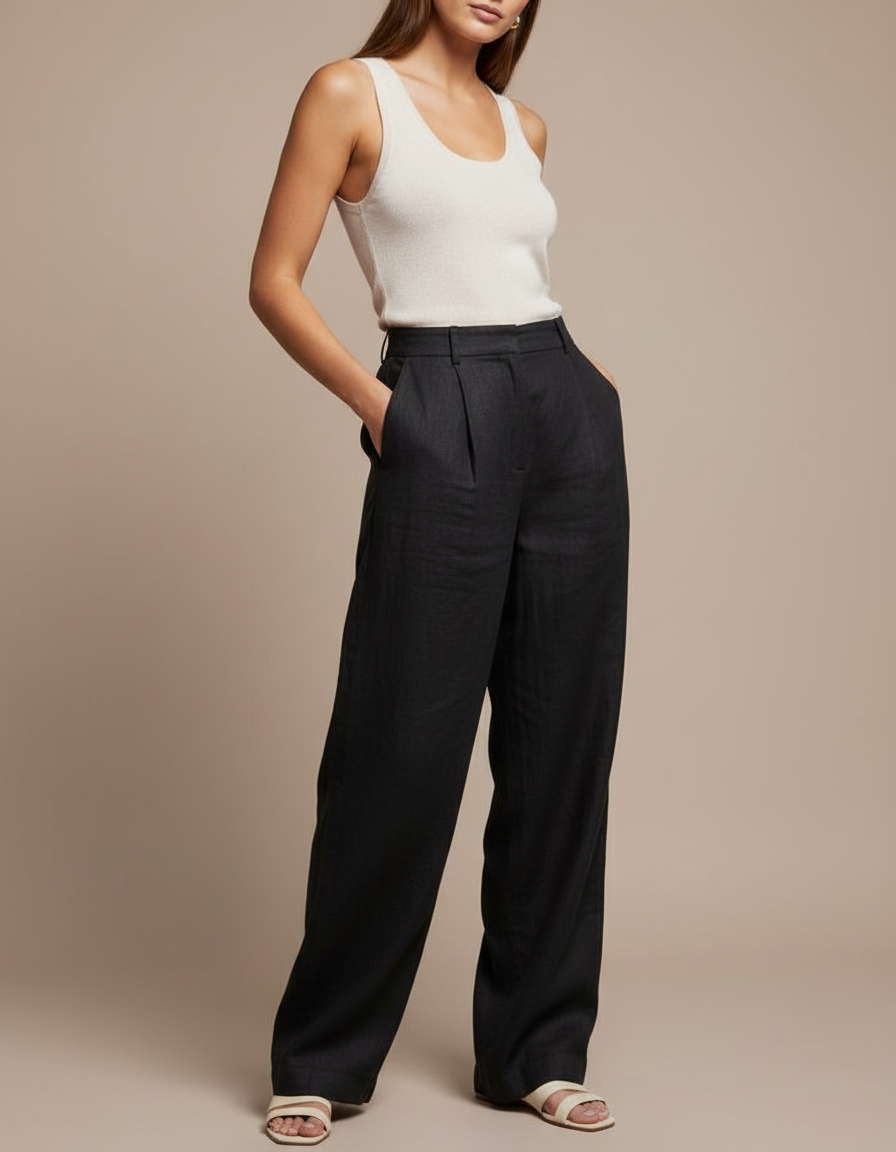 Pantalon Baggy Noir Lin Plissé Droit Fluide Femme
