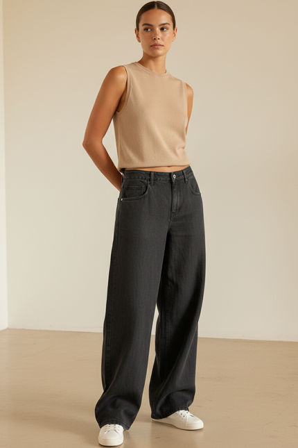 Pantalon Baggy Noir Ample Décontracté Femme Denim - Jean