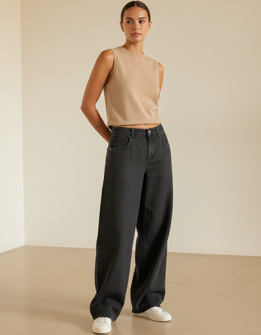 Pantalon Baggy Noir Ample Décontracté Femme Denim - Jean