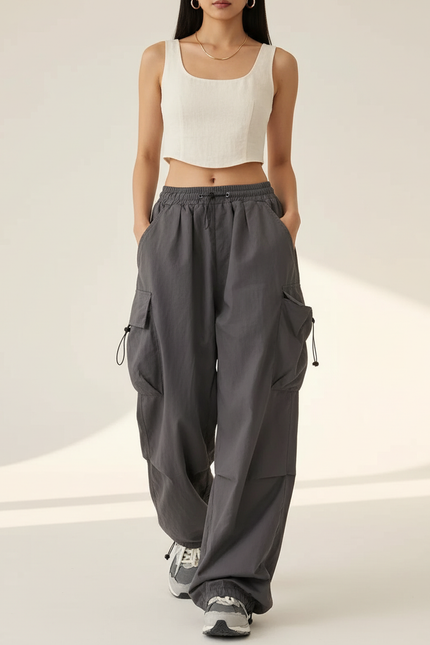 Pantalon Baggy Gris Cargo Ample Décontracté Femmes - Gabardine