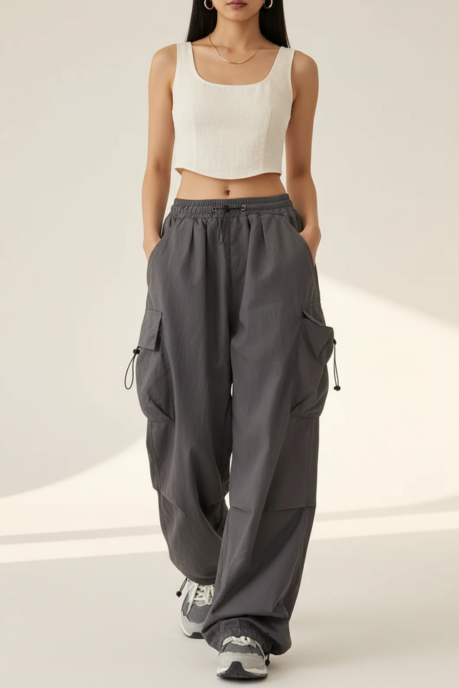 Pantalon Baggy Gris Cargo Ample Décontracté Femmes - Gabardine