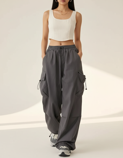 Pantalon Baggy Gris Cargo Ample Décontracté Femmes - Gabardine
