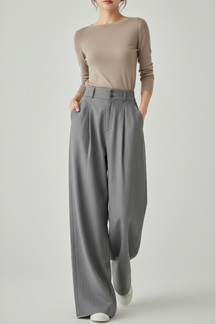 Pantalon Baggy Gris Ample Droit Élégant Plissé - Gabardine