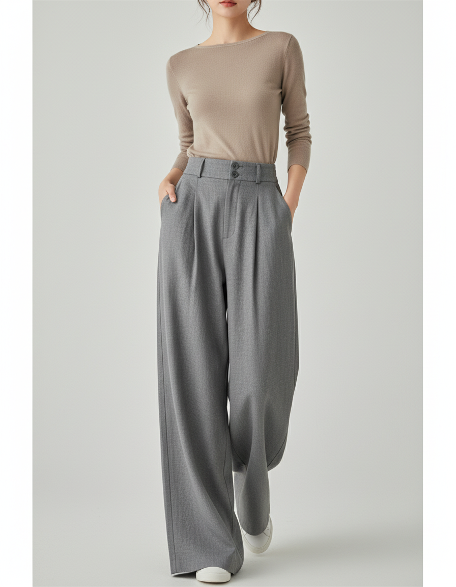 Pantalon Baggy Gris Ample Droit Élégant Plissé - Gabardine