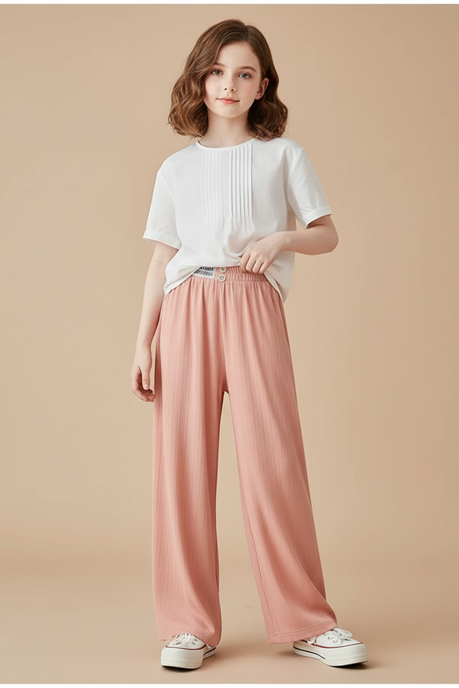 Pantalon Baggy Rose Pêche Ample Fluide Décontracté Enfant - Maille