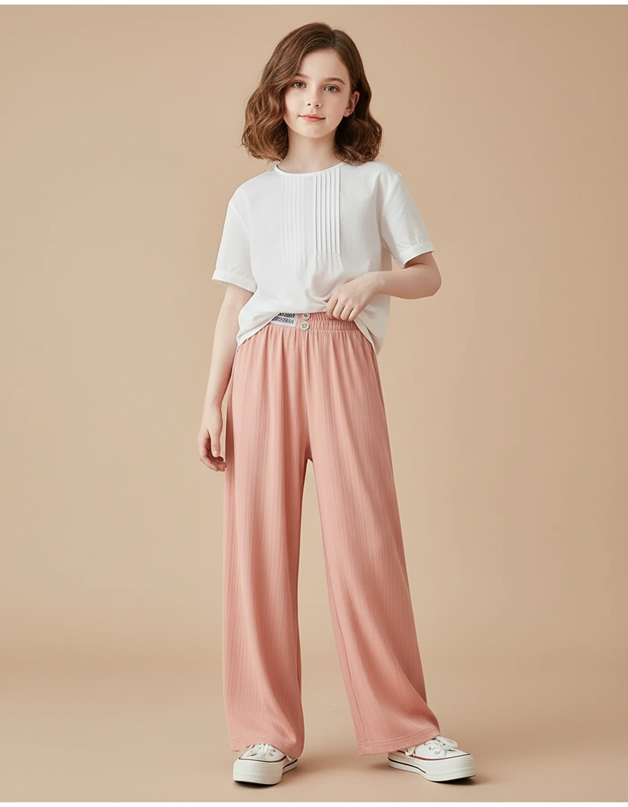 Pantalon Baggy Rose Pêche Ample Fluide Décontracté Enfant - Maille
