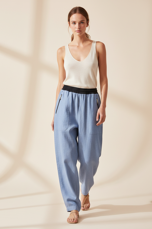 Pantalon Baggy Bleu Clair Décontracté Ample Lin