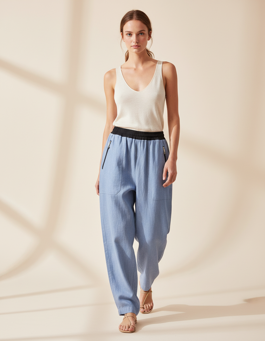 Pantalon Baggy Bleu Clair Décontracté Ample Lin