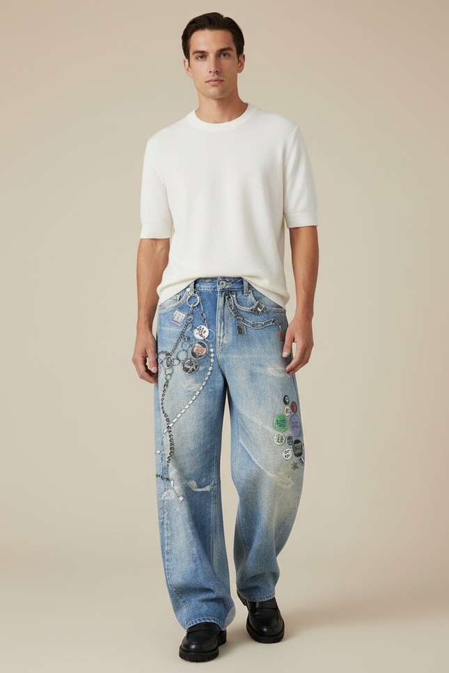 Pantalon Baggy Jean Bleu Délavé Chaînes Imprimé Homme