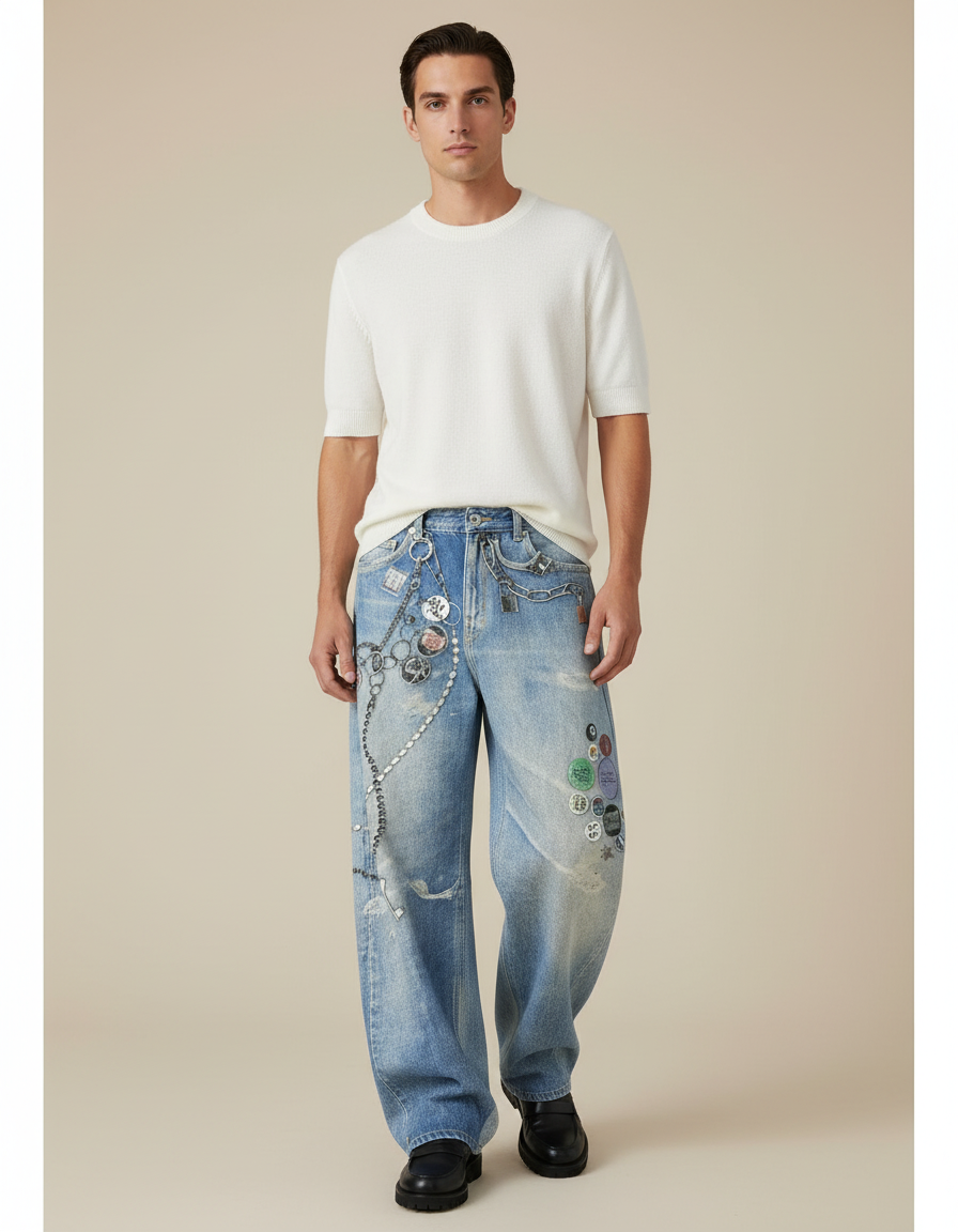 Pantalon Baggy Jean Bleu Délavé Chaînes Imprimé Homme