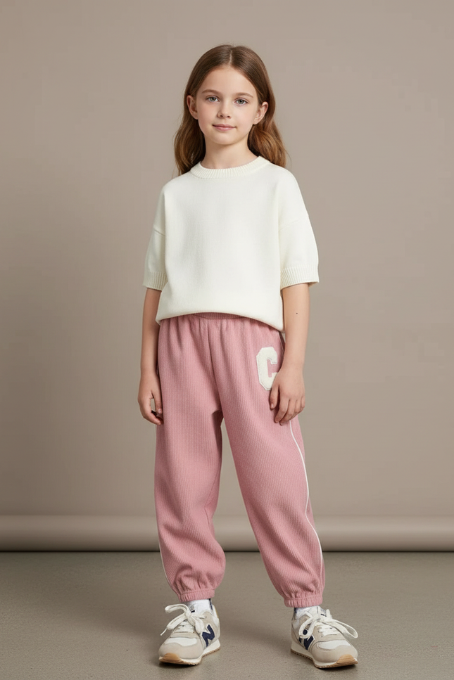 Pantalon Baggy Côtelé Rose Ample Lettre Enfants - Cordé