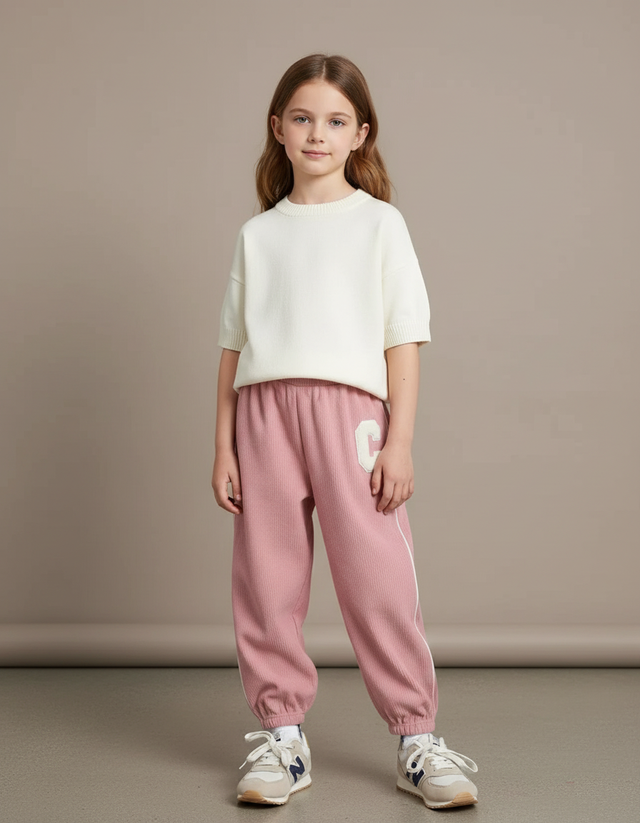 Pantalon Baggy Côtelé Rose Ample Lettre Enfants - Cordé