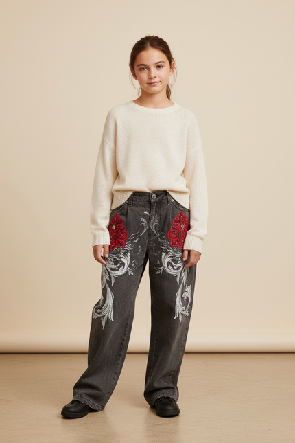 Pantalon Baggy Gris Délavé Imprimé Floral Rouge Ample - Jean