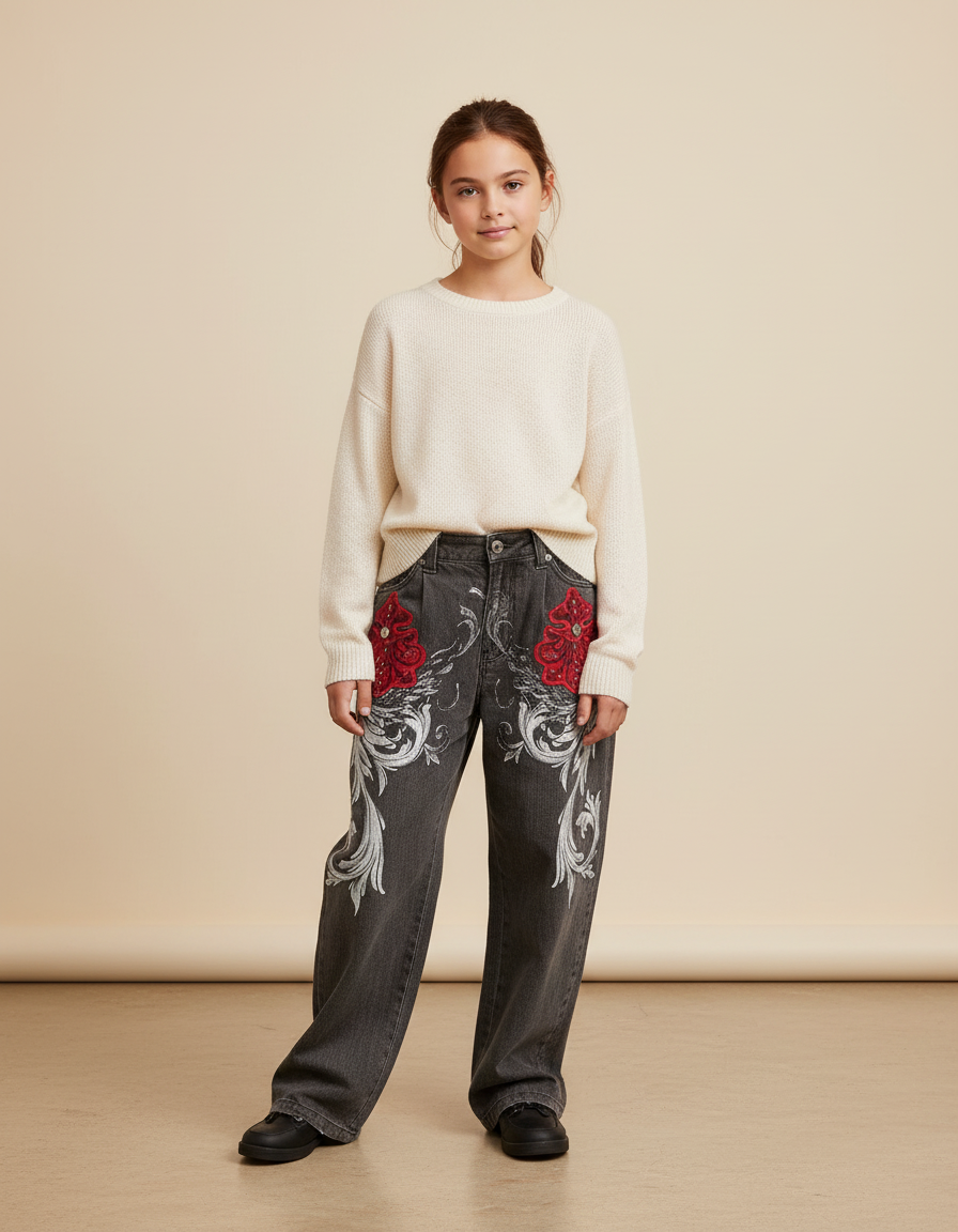 Pantalon Baggy Gris Délavé Imprimé Floral Rouge Ample - Jean