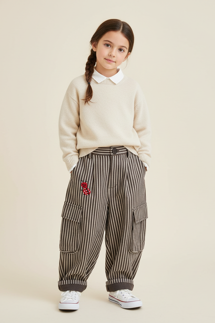 Pantalon Baggy Rayé Cargo Ample Coton Enfant - Marron