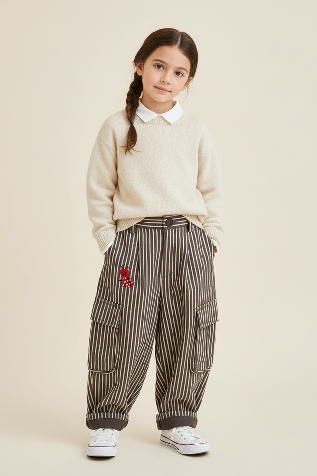 Pantalon Baggy Rayé Cargo Ample Coton Enfant - Marron
