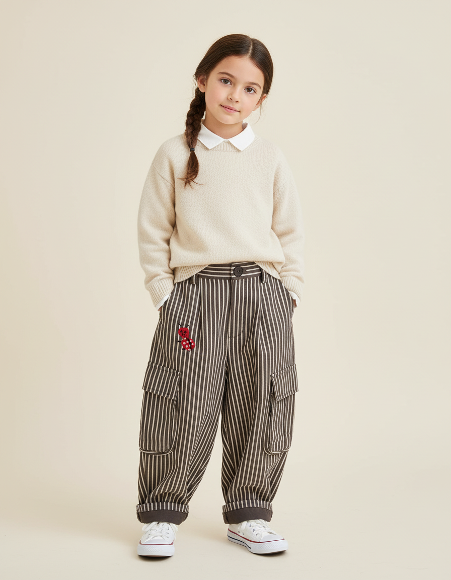 Pantalon Baggy Rayé Cargo Ample Coton Enfant - Marron