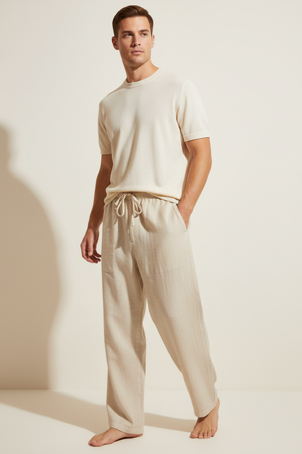 Pantalon Baggy Beige Lin Cordon Ample Homme Décontracté