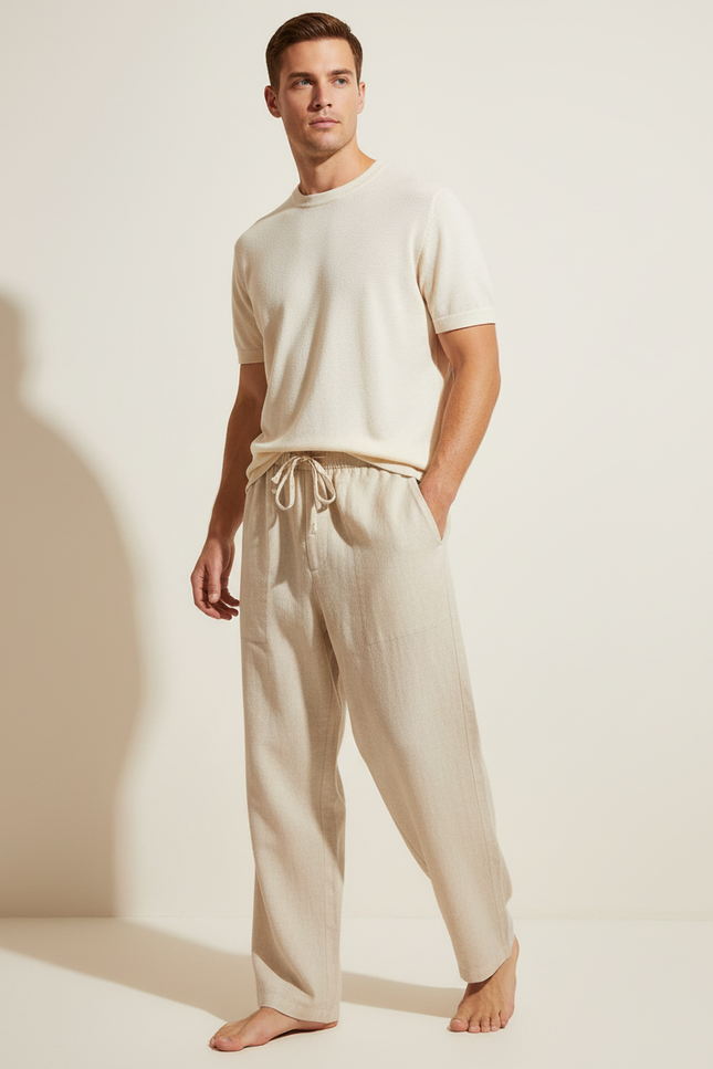 Pantalon Baggy Beige Lin Cordon Ample Homme Décontracté