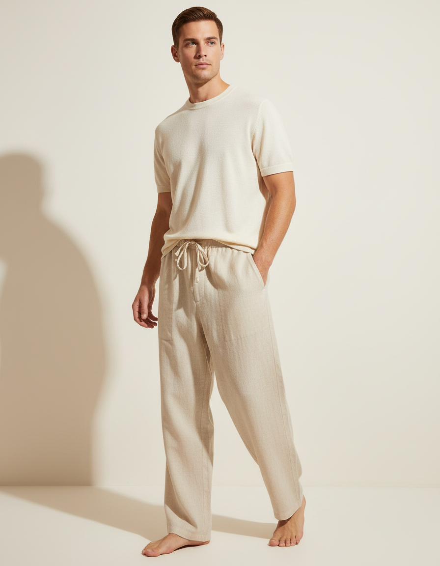 Pantalon Baggy Beige Lin Cordon Ample Homme Décontracté