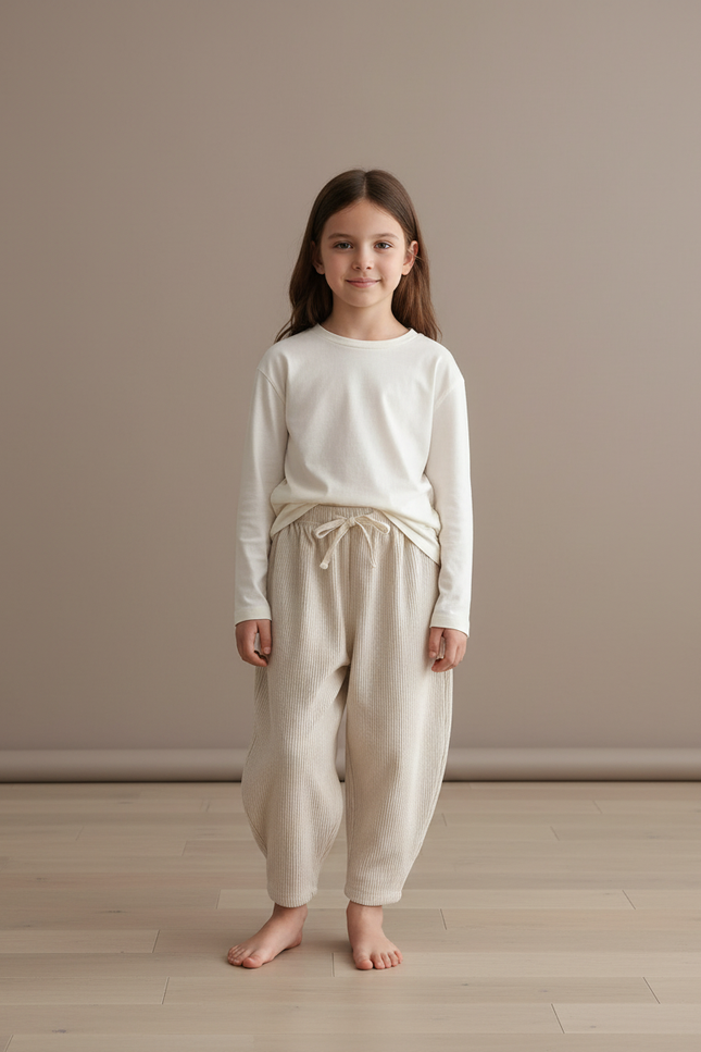 Pantalon Baggy Velours Côtelé Beige Ample Décontracté Enfant - Cordé
