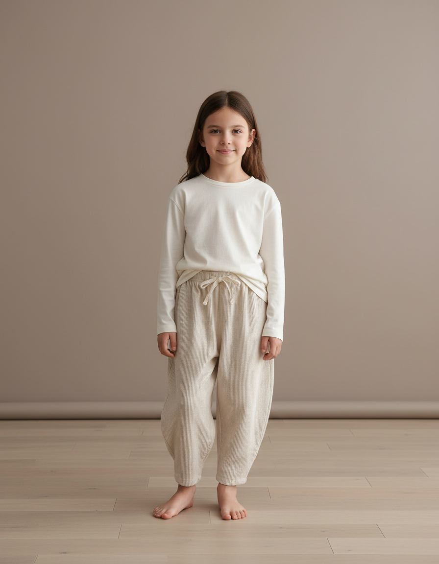 Pantalon Baggy Velours Côtelé Beige Ample Décontracté Enfant - Cordé