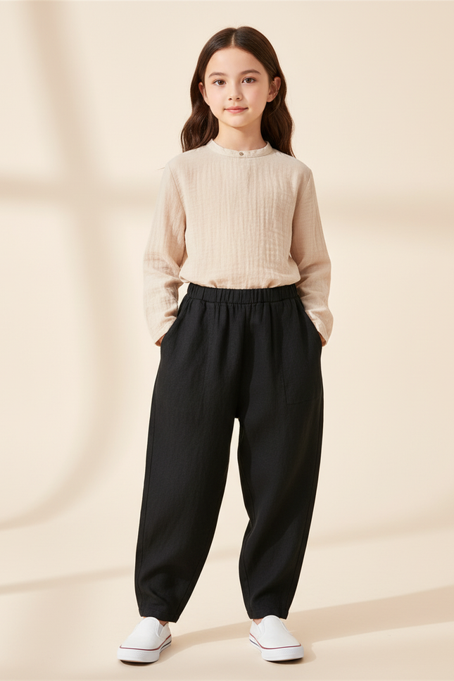 Pantalon Baggy Fille Noir Taille Élastique - Lin
