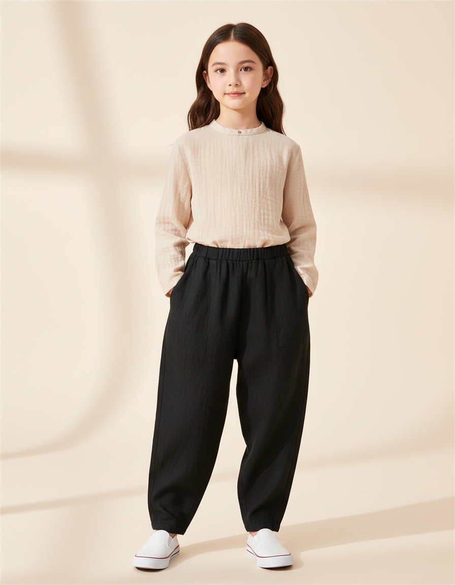 Pantalon Baggy Fille Noir Taille Élastique - Lin