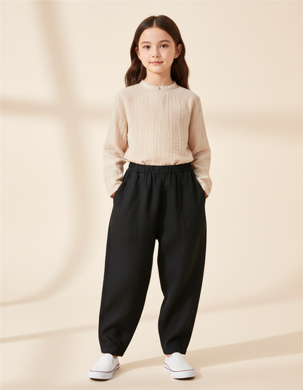 Pantalon Baggy Fille Noir Taille Élastique - Lin