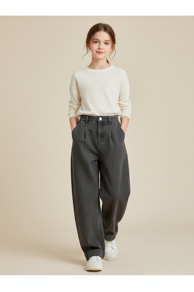 Pantalon Baggy Jean Gris Ample Plissé Confortable