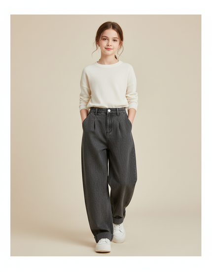 Pantalon Baggy Jean Gris Ample Plissé Confortable