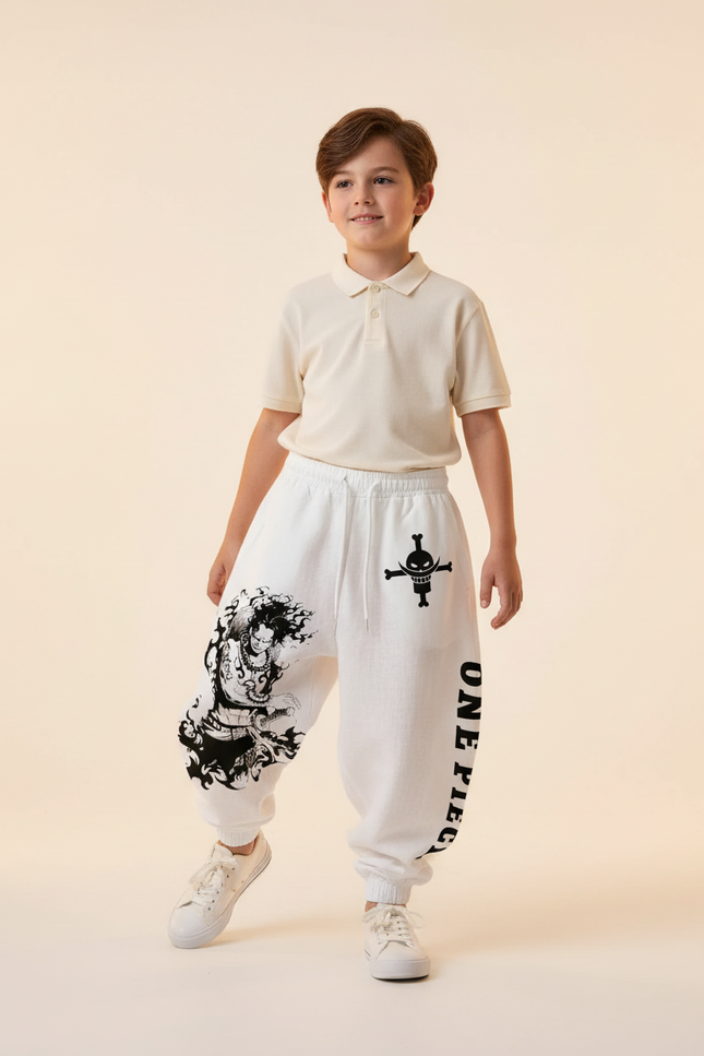 Pantalon Baggy Blanc Ample Coton Imprimé Anime Garçon - Molleton