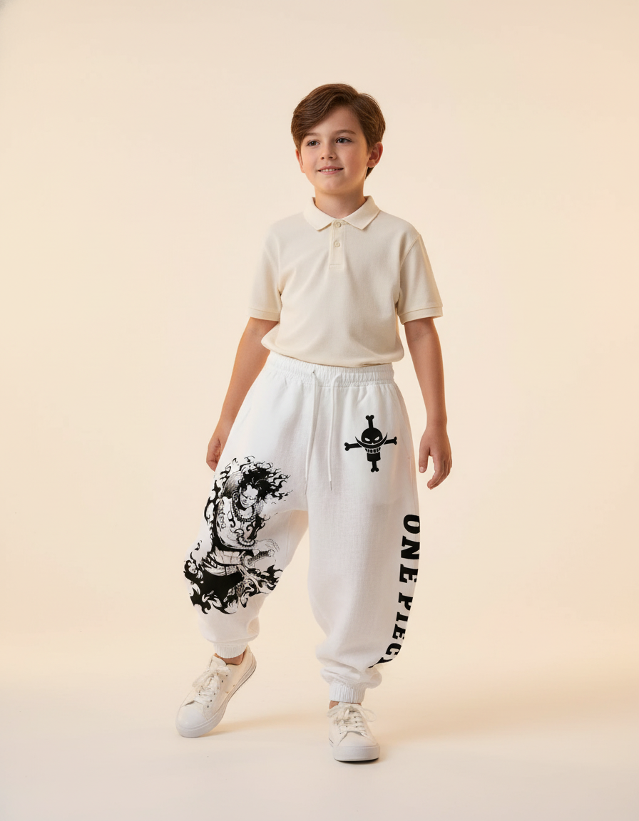 Pantalon Baggy Blanc Ample Coton Imprimé Anime Garçon - Molleton
