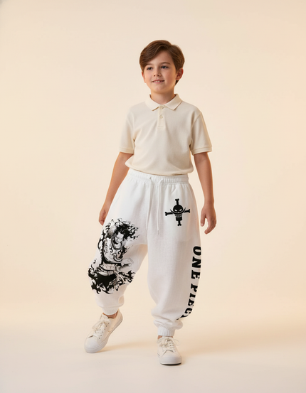Pantalon Baggy Blanc Ample Coton Imprimé Anime Garçon - Molleton
