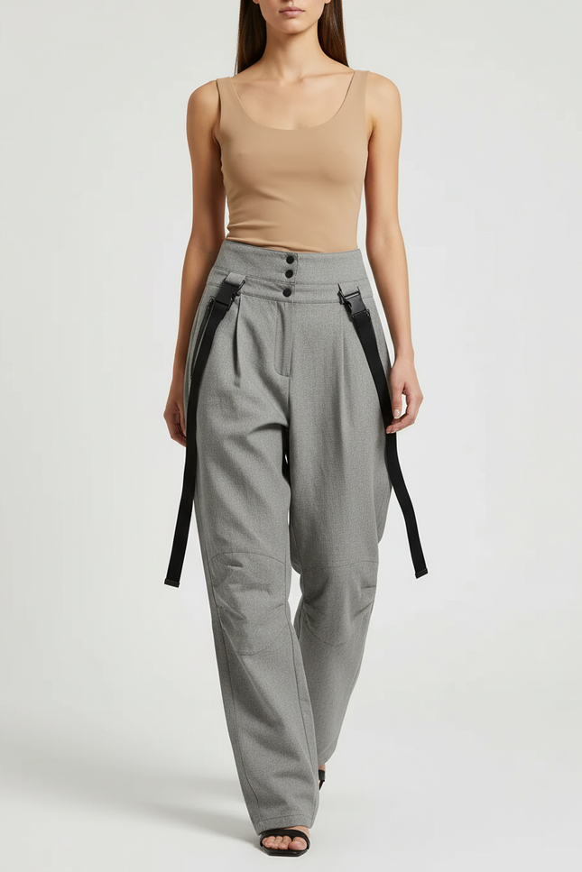 Pantalon Baggy Gris Plissé Ample Bretelles Décontracté - Gabardine