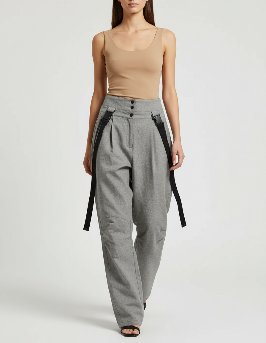 Pantalon Baggy Gris Plissé Ample Bretelles Décontracté - Gabardine