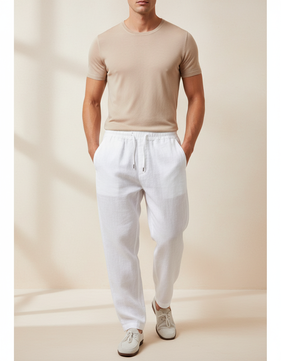 Pantalon Baggy Blanc Lin Lâche Cordon Décontracté Homme