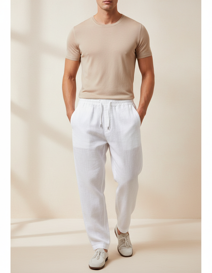 Pantalon Baggy Blanc Lin Lâche Cordon Décontracté Homme