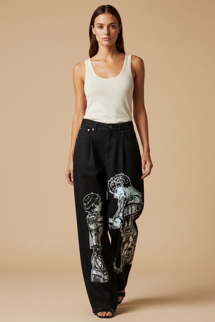 Pantalon Baggy Noir Ample Imprimé Manga Femme - Jean