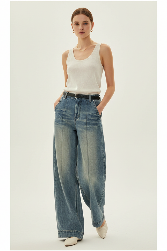 Pantalon Baggy Jean Bleu Ample Vintage Plissé