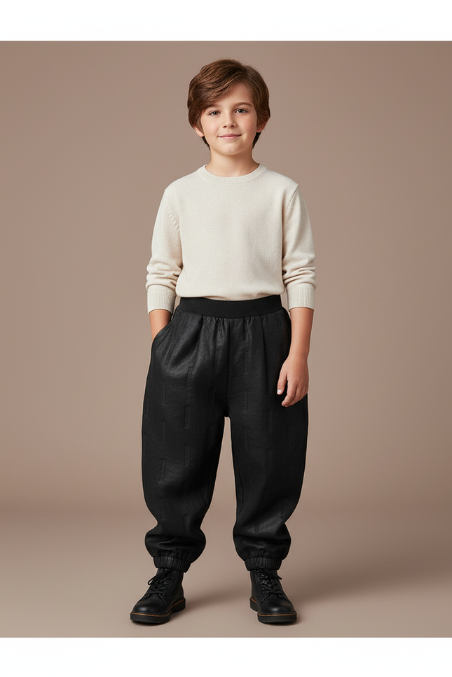 Pantalon Baggy Noir Texturé Ample Élastique Garçon - Simili cuir