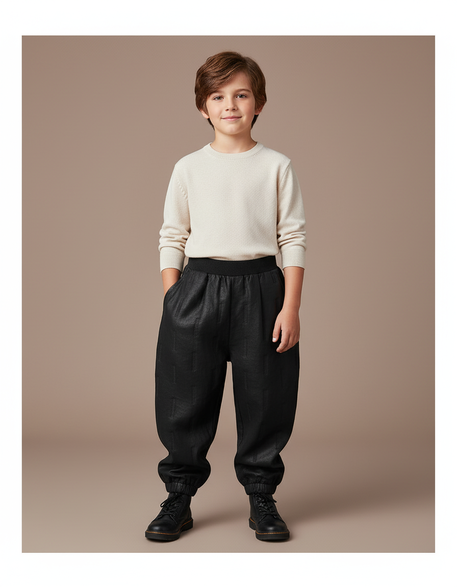 Pantalon Baggy Noir Texturé Ample Élastique Garçon - Simili cuir