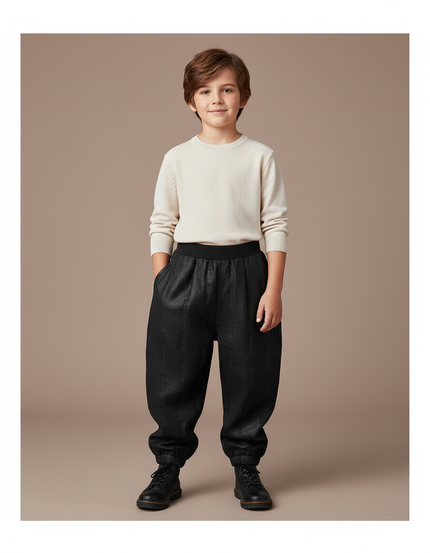 Pantalon Baggy Noir Texturé Ample Élastique Garçon - Simili cuir