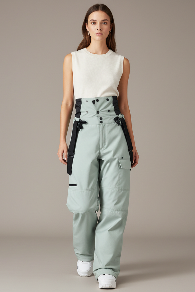 Pantalon Baggy Vert Menthe Cargo Bretelles Ski - Polyester